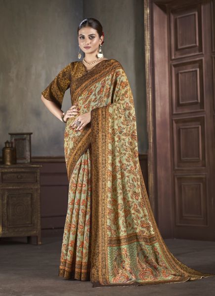 Light Pista Green Silk Viscose Printed Vibrant Saree For Traditional / Religious Occasions