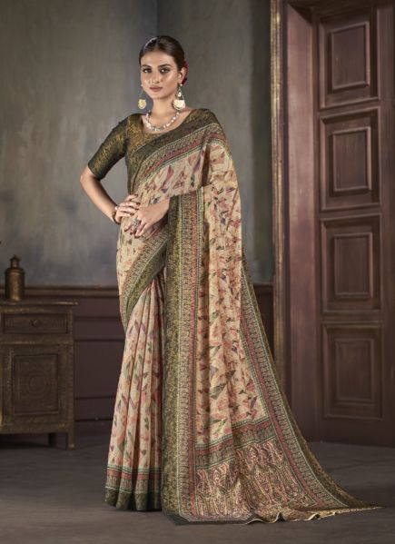 Beige Silk Viscose Printed Vibrant Saree For Traditional / Religious Occasions
