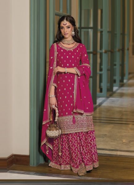 Dark Pink Blooming Georgette Zarkan-Work Party-Wear Sharara-Bottom Readymade Salwar Kameez