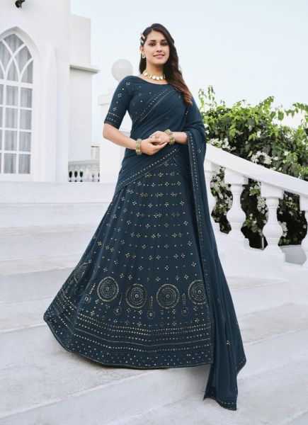 Dark Sea Blue Georgette With Embroidery, Thread & Sequins-Work Party-Wear Lehenga Choli