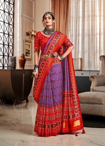 Purple & Red Tusser Patola Printed Silk Saree [With Lagdi Patta]
