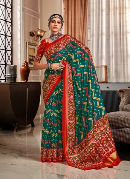 Teal Green & Red Tusser Patola Printed Silk Saree [With Lagdi Patta]