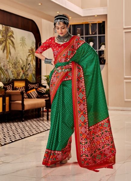 Green & Red Tusser Patola Printed Silk Saree [With Lagdi Patta]