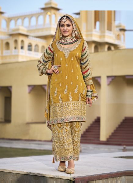 Mustard Yellow Silk Embroidered Festive-Wear Straight-Cut Readymade Salwar Kameez