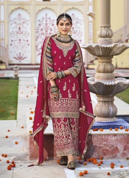 Wine Red Silk Embroidered Festive-Wear Straight-Cut Readymade Salwar Kameez