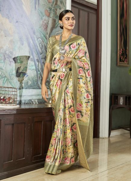 Sage Green Satin Digitally Printed Jari Silk Saree For Traditional / Religious Occasions