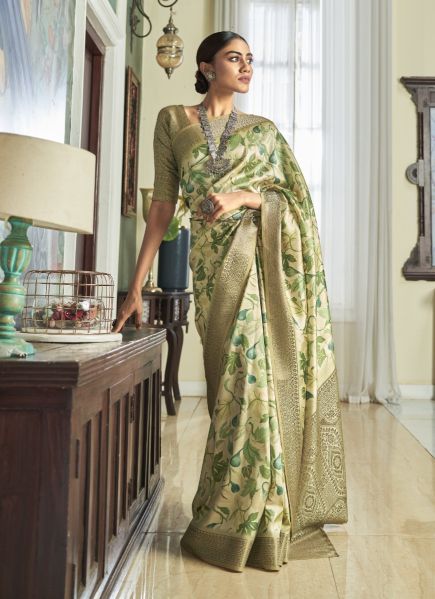 Cream & Green Satin Digitally Printed Jari Silk Saree For Traditional / Religious Occasions