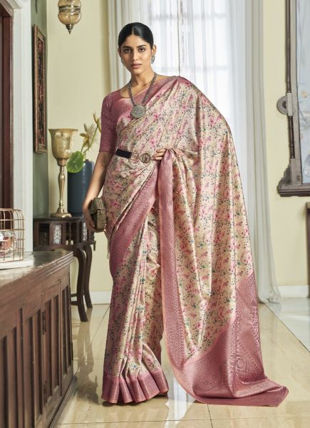 Bone White & Pink Satin Digitally Printed Jari Silk Saree For Traditional / Religious Occasions