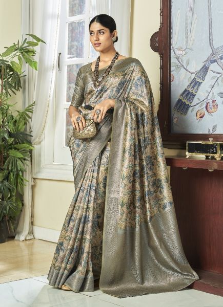 Gray Satin Digitally Printed Jari Silk Saree For Traditional / Religious Occasions