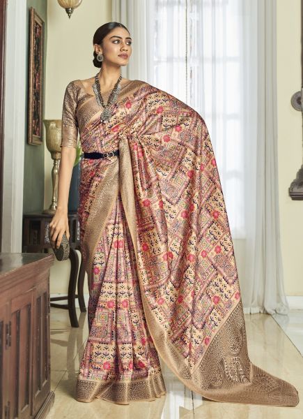 Burlywood Satin Digitally Printed Jari Silk Saree For Traditional / Religious Occasions