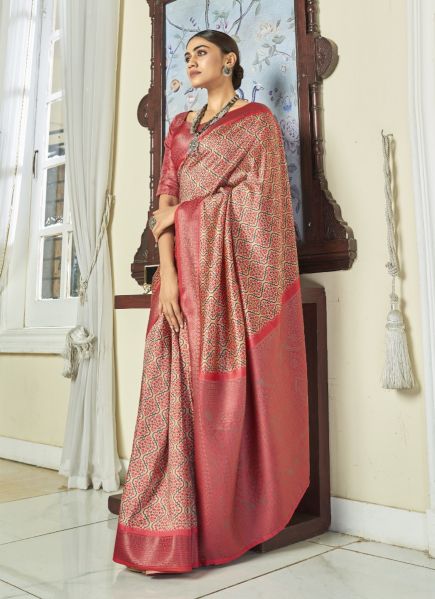 Red Satin Digitally Printed Jari Silk Saree For Traditional / Religious Occasions
