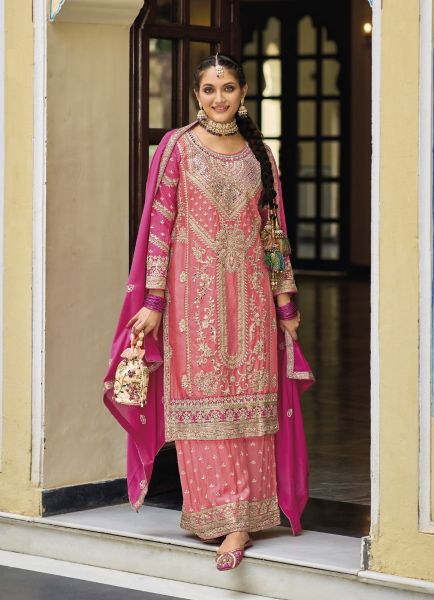 Dark Pink Chinon Embroidered Festive-Wear Palazzo-Bottom Readymade Salwar Kameez