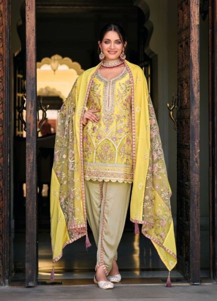 Yellow Chinon Embroidered Dhoti-Pant Readymade Salwar Kameez For Traditional / Religious Occasions