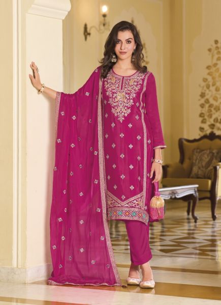 Magenta Pink Premium Silk Embroidered Straight-Cut Salwar Kameez For Traditional / Religious Occasions