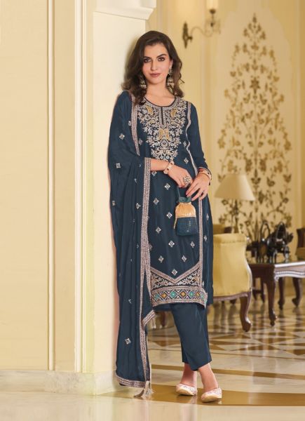 Dark Sea Blue Premium Silk Embroidered Straight-Cut Salwar Kameez For Traditional / Religious Occasions