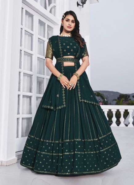 Dark Teal Green Georgette With Embroidery, Thread & Sequins-Work Party-Wear Lehenga Choli [With Belt]