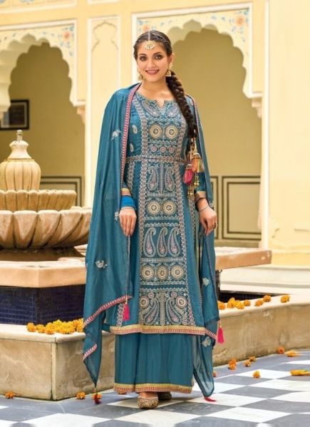 Sea Blue Silk Embroidered Festive-Wear Palazzo-Bottom Readymade Salwar Kameez