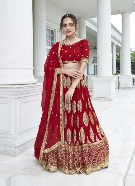 Red Georgette With Thread, Embroidery & Sequins-Work Party-Wear Lehenga Choli