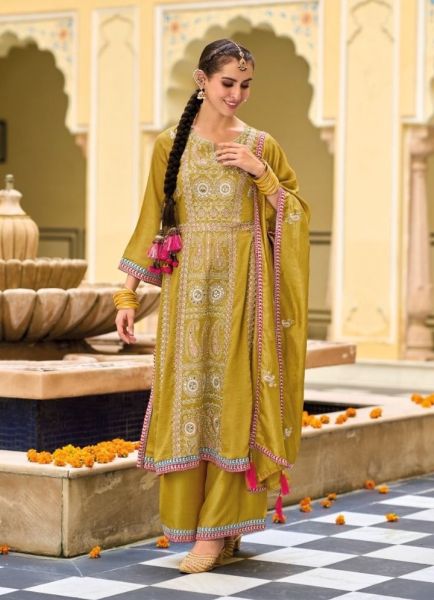 Golden Silk Embroidered Festive-Wear Palazzo-Bottom Readymade Salwar Kameez