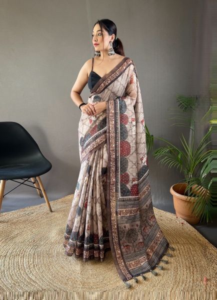 Warm Gray Printed Festive-Wear Cotton Silk Saree