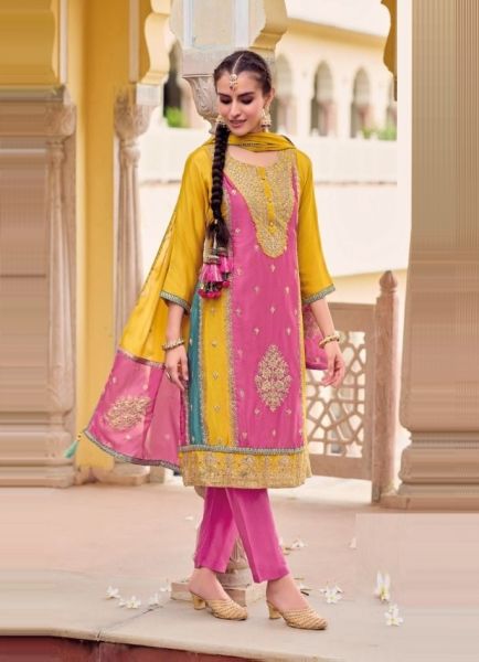 Pink & Orange Chinnon Embroidered Pant-Bottom Readymade Salwar Kameez For Traditional / Religious Occasions