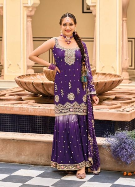 Dark Violet Chinon Embroidered Party-Wear Gharara-Bottom Sleeveless Salwar Kameez