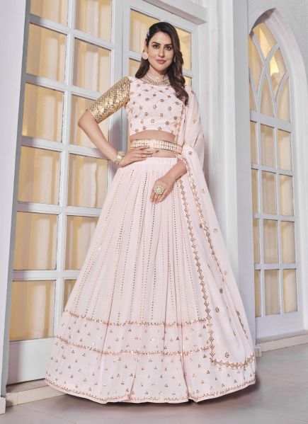 Light Pink Georgette With Embroidery, Thread & Sequins-Work Party-Wear Lehenga Choli [With Belt]