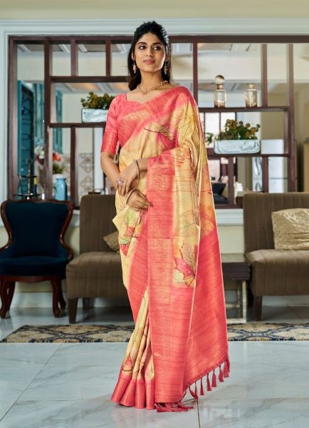 Cream Pure Handloom Kotha Silk Floral Digital Print Festive-Wear Saree