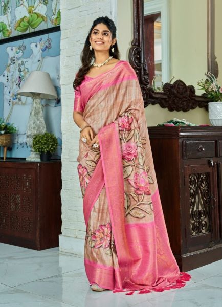 Beige Pure Handloom Kotha Silk Floral Digital Print Festive-Wear Saree