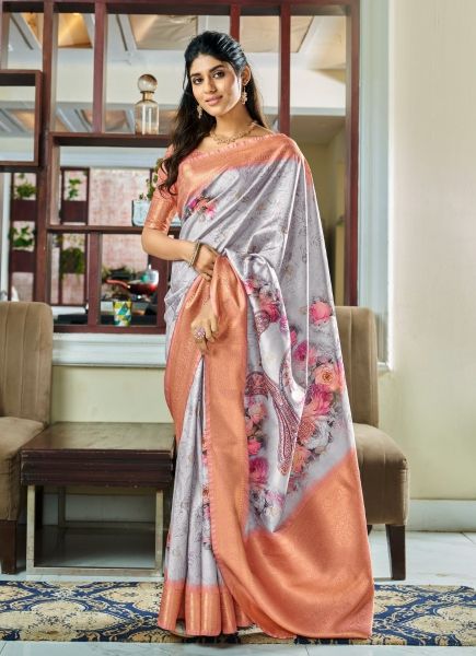 Light Steel Blue Pure Handloom Kotha Silk Floral Digital Print Festive-Wear Saree