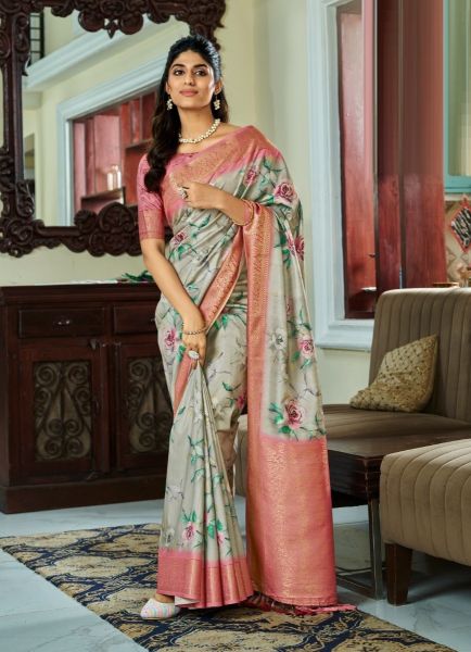 Light Sage Green Pure Handloom Kotha Silk Floral Digital Print Festive-Wear Saree