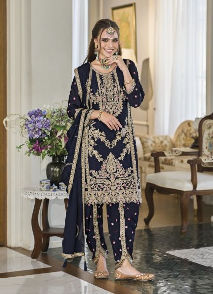 Dark Navy Blue Chinon Embroidered Pakistani Readymade Salwar Kameez For Traditional / Religious Occasions