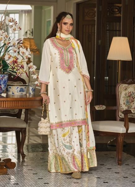 White Chinon Embroidered Sharara-Bottom Readymade Salwar Kameez For Traditional / Religious Occasions