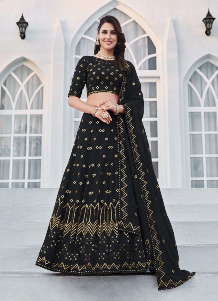 Black Georgette With Embroidery, Thread & Sequins-Work Party-Wear Lehenga Choli