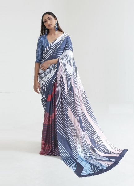 Blue & White Satin Silk Digitally Printed Vibrant Saree