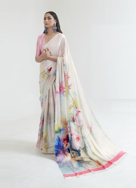 Off White Satin Silk Digitally Printed Vibrant Saree