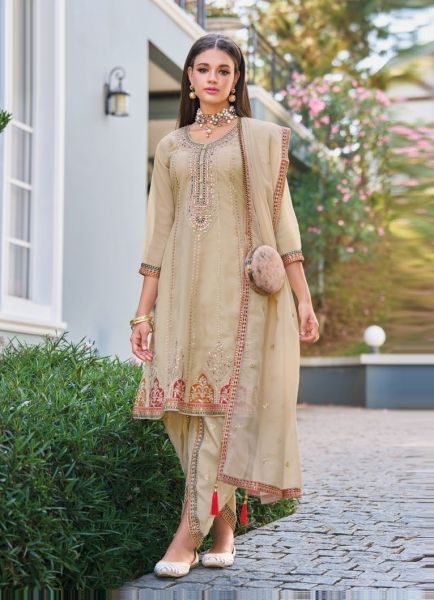 Beige Pure Shimmer Organza Embroidered Party-Wear Readymade Dhoti-Pant Salwar Kameez
