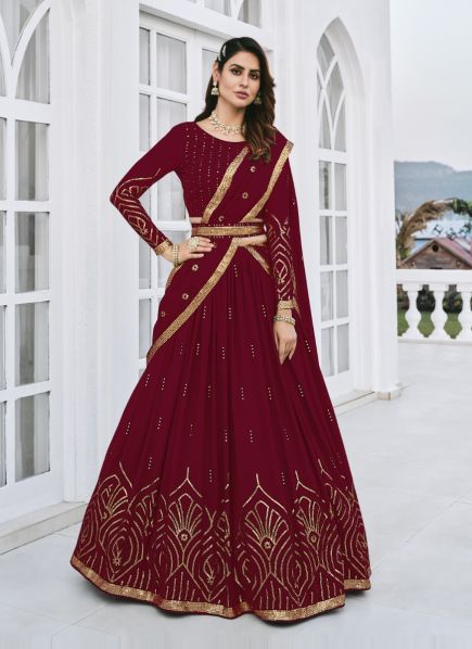 Maroon Georgette With Embroidery, Thread & Sequins-Work Party-Wear Lehenga Choli [With Belt]
