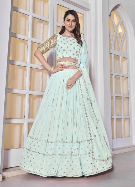 Light Sky Blue Georgette With Embroidery, Thread & Sequins-Work Party-Wear Lehenga Choli [With Belt]