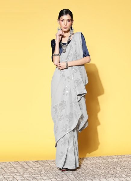 Light Silver Gray Georgette Sequins-Work Party-Wear Saree