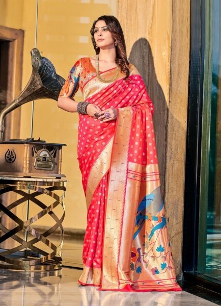 Coral Red Paithani Silk Weaving Party-Wear Saree