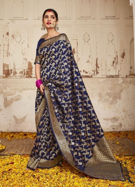 Blue Dola Silk Weaving Festive-Wear Saree