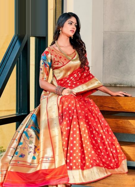 Red Paithani Silk Weaving Party-Wear Saree
