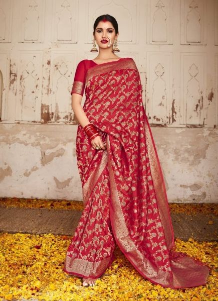 Crimson Red Dola Silk Weaving Festive-Wear Saree