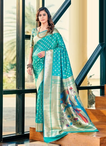Aqua Paithani Silk Weaving Party-Wear Saree