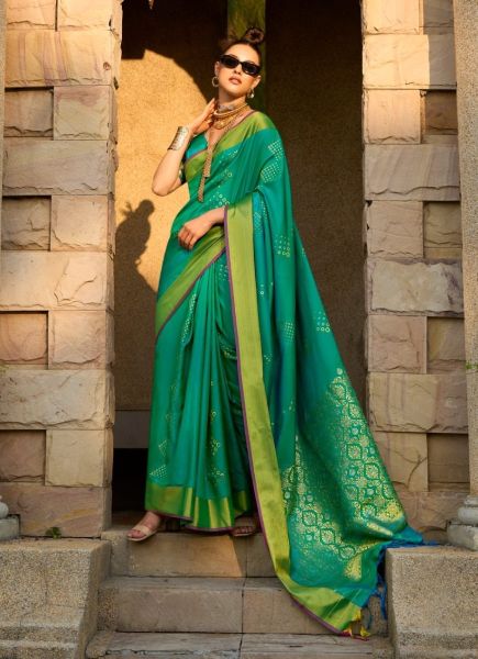 Sea Green Woven Soft Silk Saree For Traditional / Religious Occasions