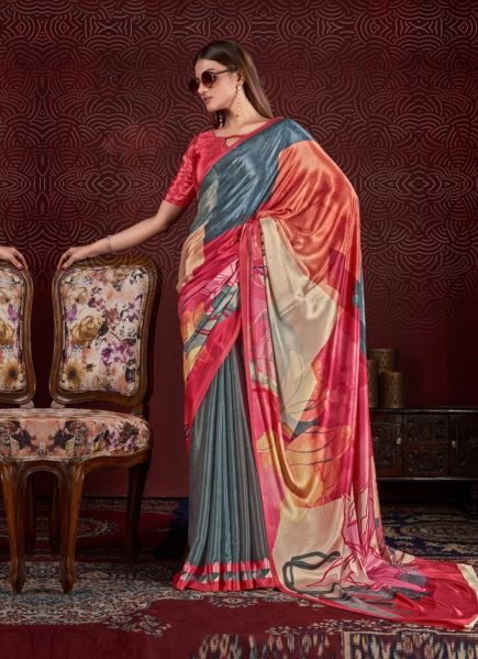 Multicolor Silk Digitally Printed Festive-Wear Vibrant Saree