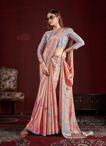 Light Coral Silk Digitally Printed Festive-Wear Vibrant Saree