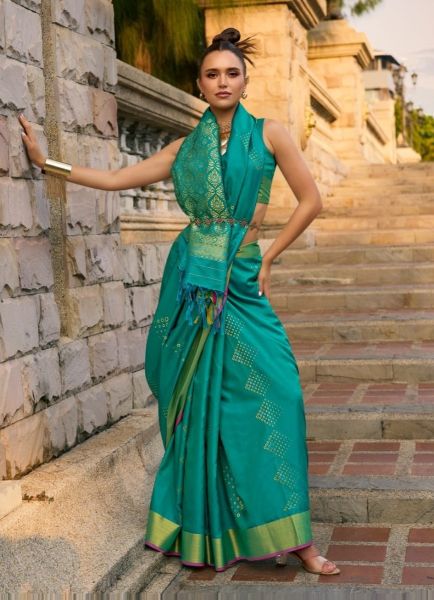 Teal Blue Woven Soft Silk Saree For Traditional / Religious Occasions