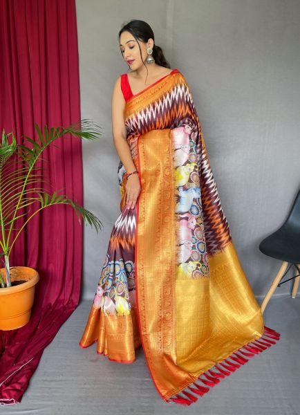 Multicolor Digitally Printed Kanjivaram Silk Saree For Traditional / Religious Occasions